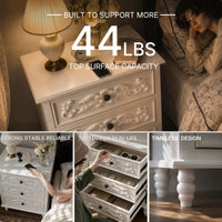White Carved 3-Drawer Nightstand with Metal Handles