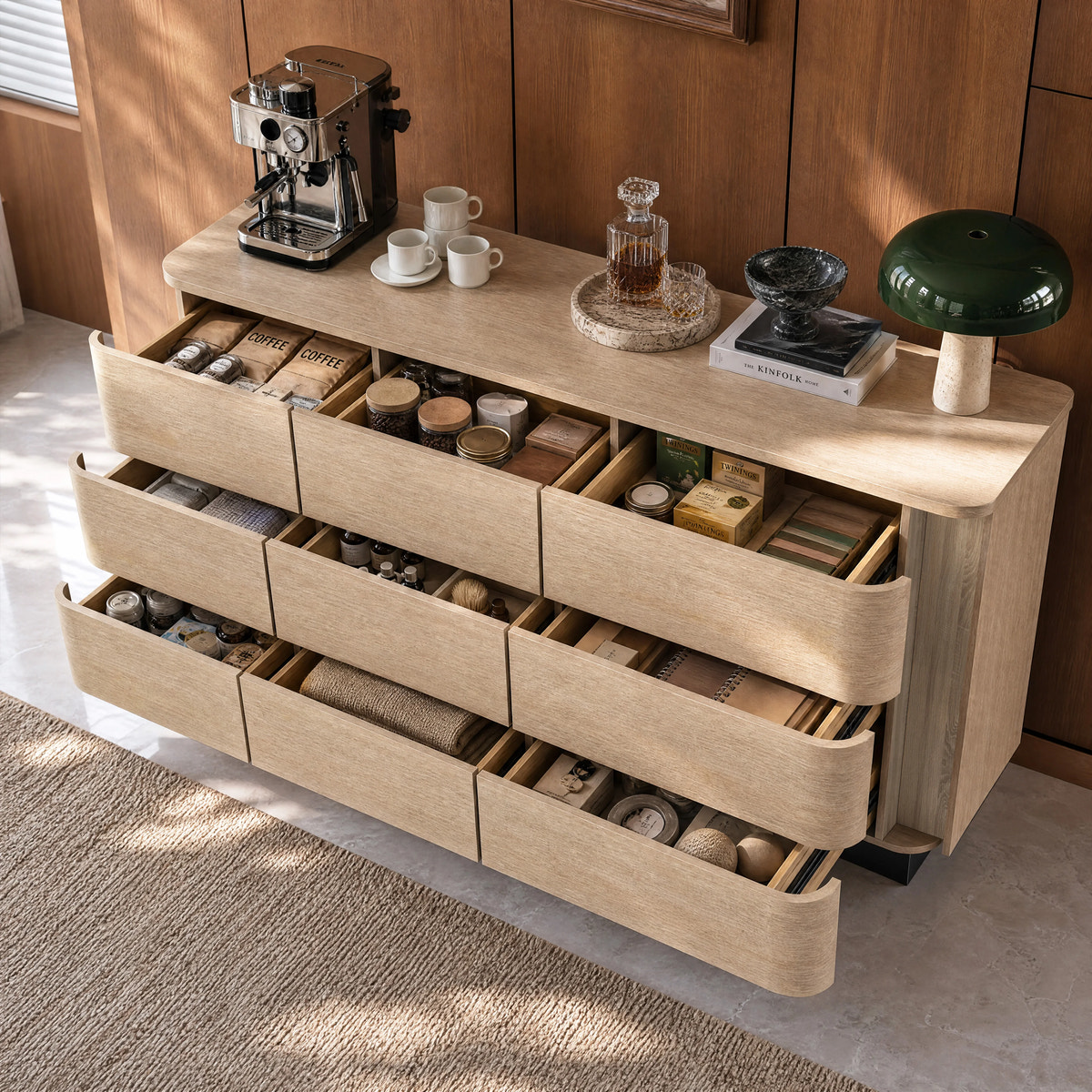 Orbis 9-Drawer Curved Dresser – Oak