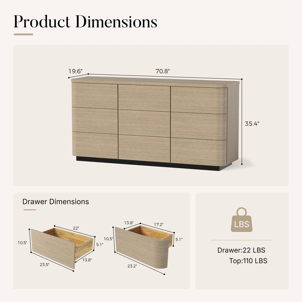 Orbis 9-Drawer Curved Dresser – Oak