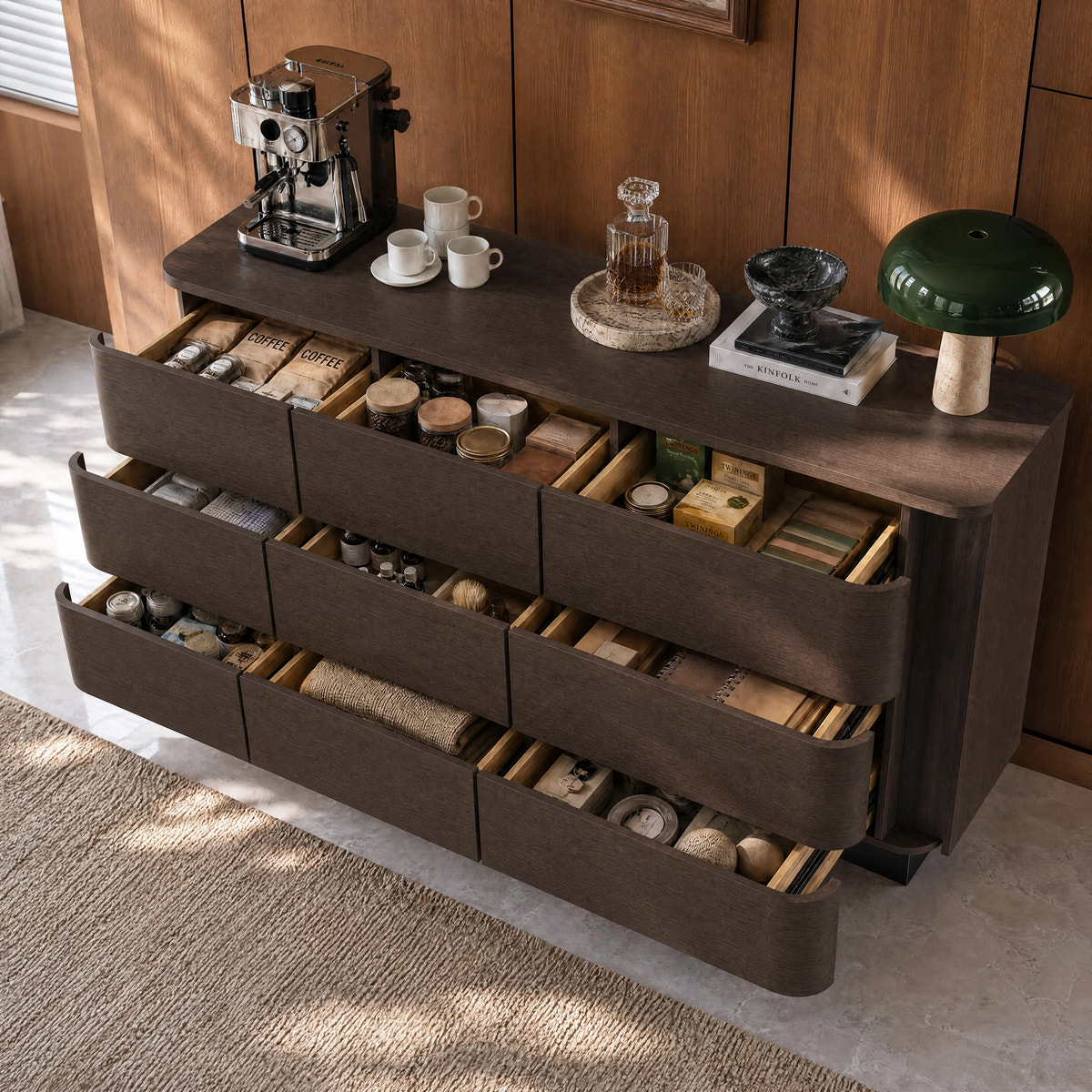 Orbis 9-Drawer Curved Dresser – Black Walnut