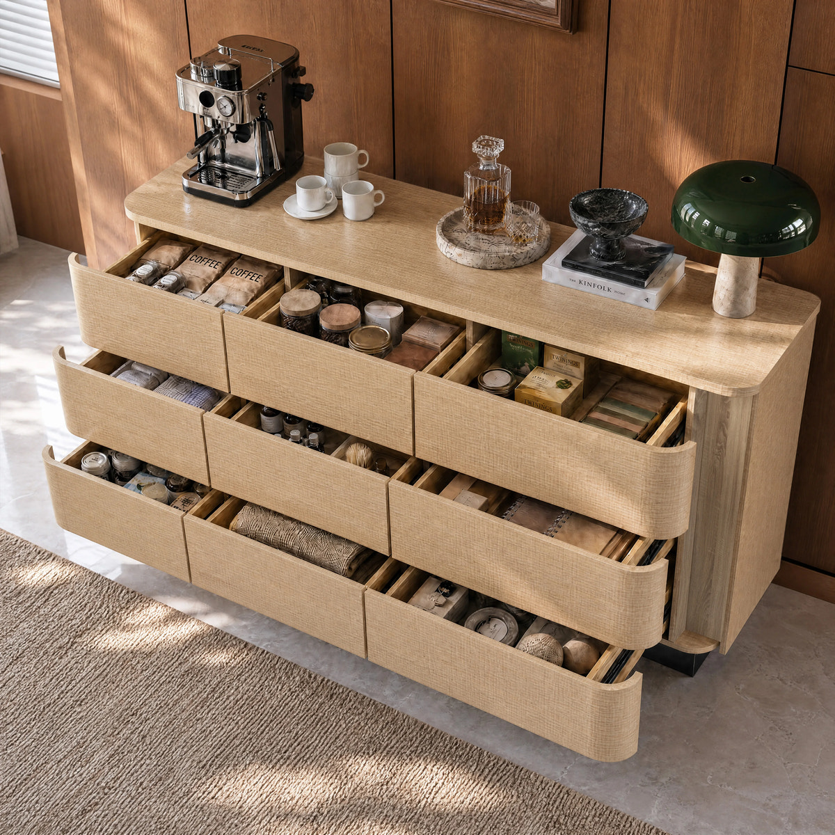 Orbis 9-Drawer Curved Dresser – Natural Wood