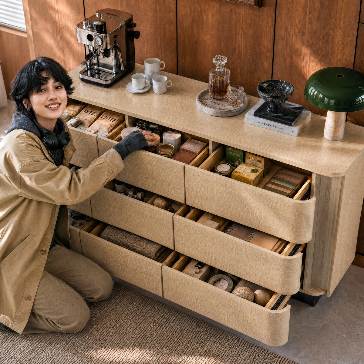 Orbis 9-Drawer Curved Dresser – Natural Wood