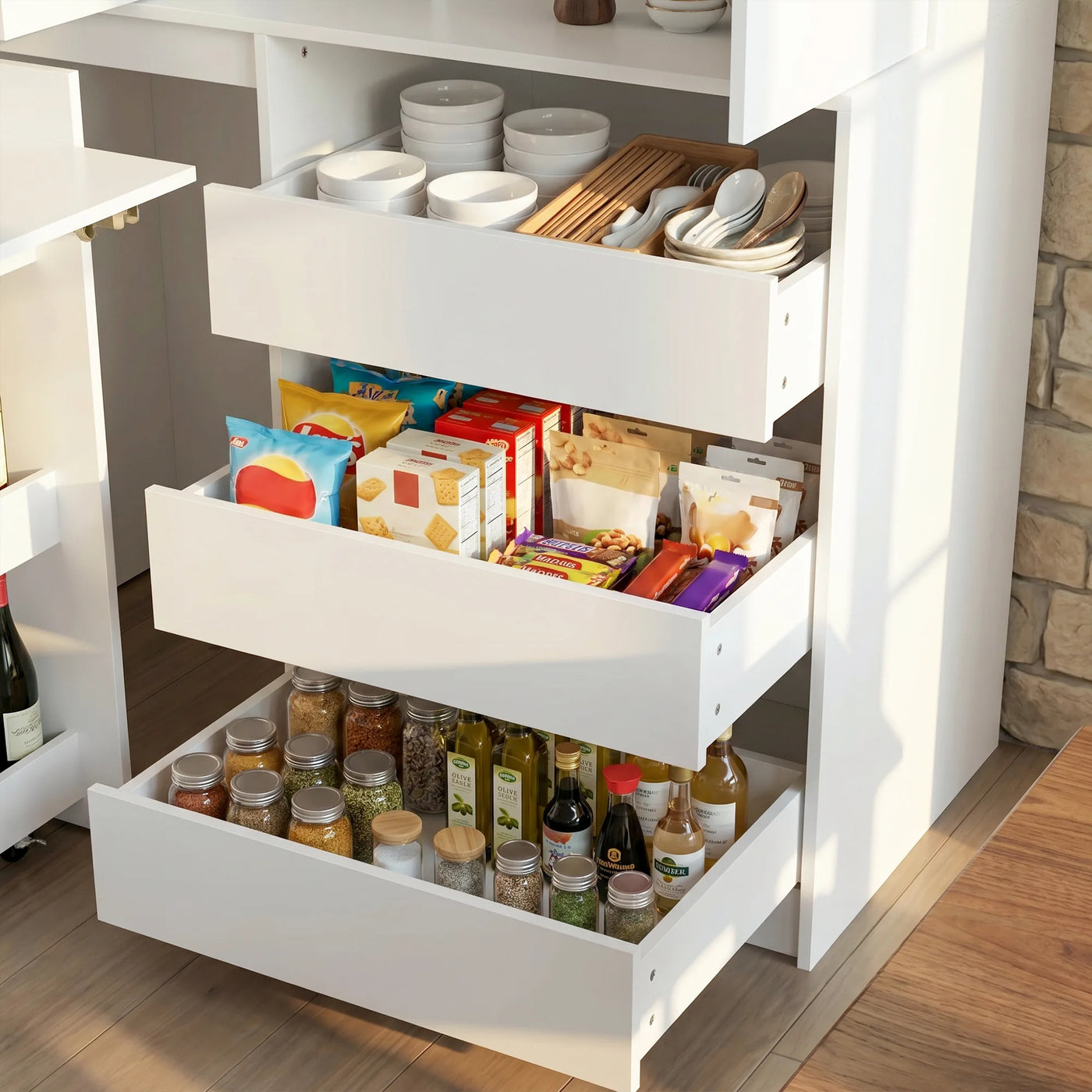 Pantry Cabinet with Rolling Storage Cart
