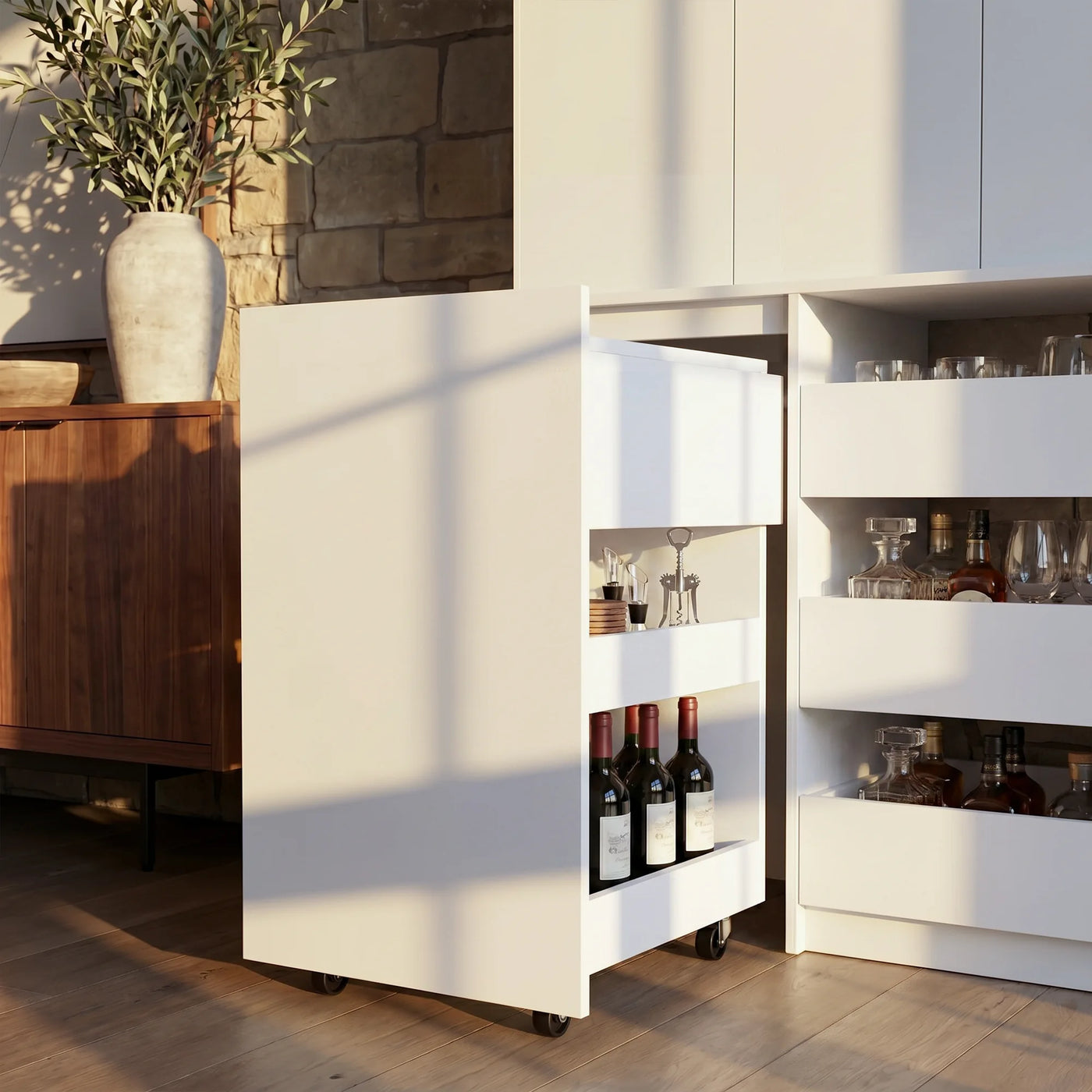 Pantry Cabinet with Rolling Storage Cart