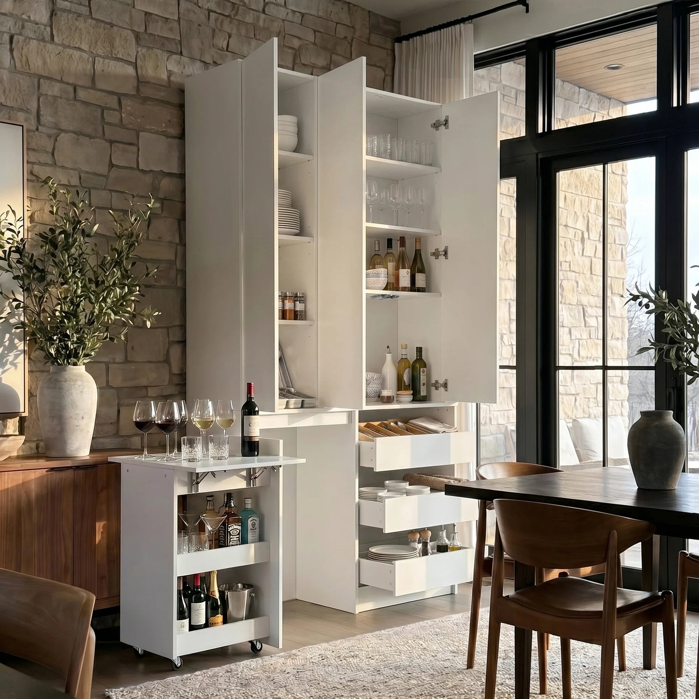 Pantry Cabinet with Rolling Storage Cart