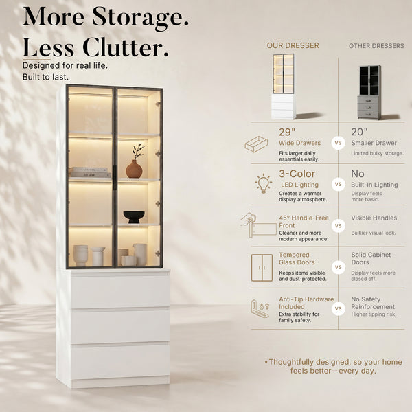 Pantry Cabinet with Glass Doors and LED Lighting
