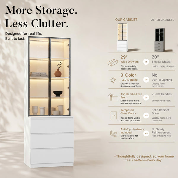 Pantry Cabinet with Glass Doors and LED Lighting
