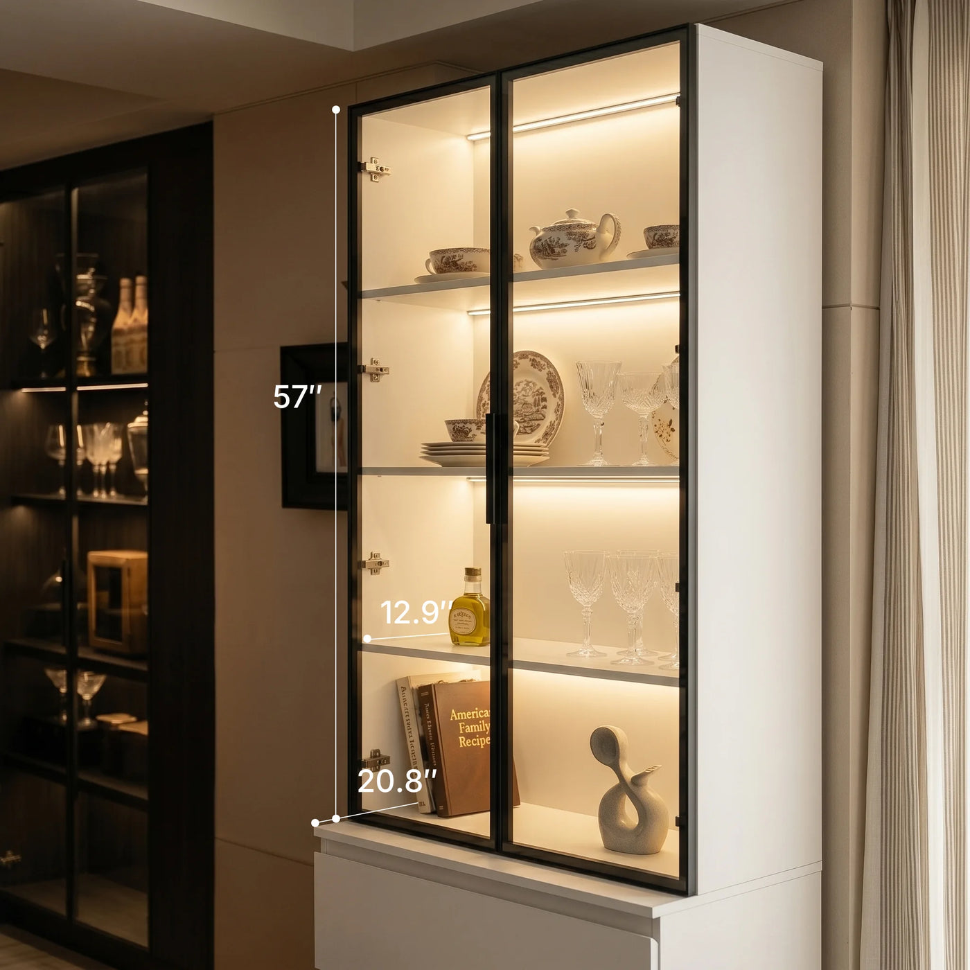 Pantry Cabinet with Glass Doors and LED Lighting