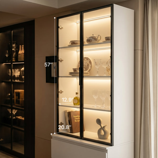 Pantry Cabinet with Glass Doors and LED Lighting