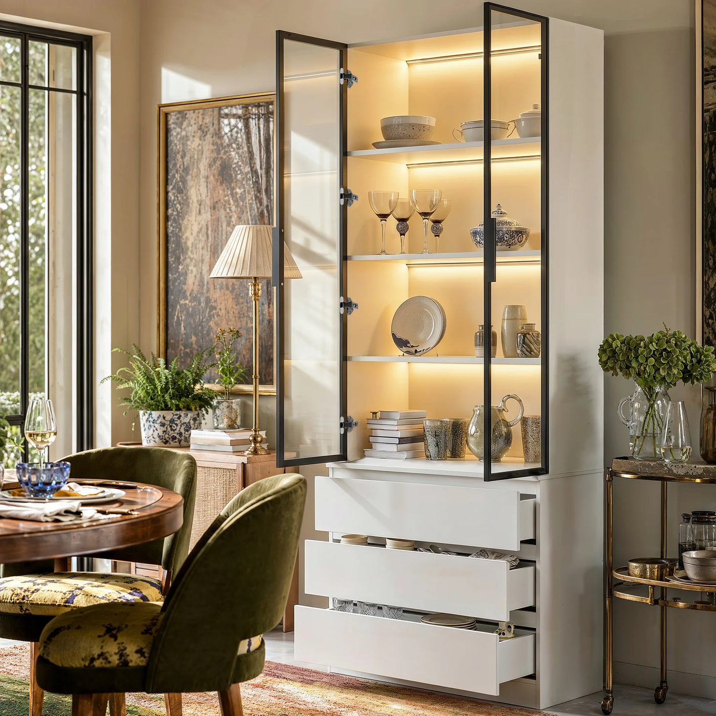 Pantry Cabinet with Glass Doors and LED Lighting