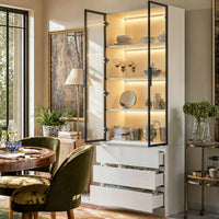 Pantry Cabinet with Glass Doors and LED Lighting