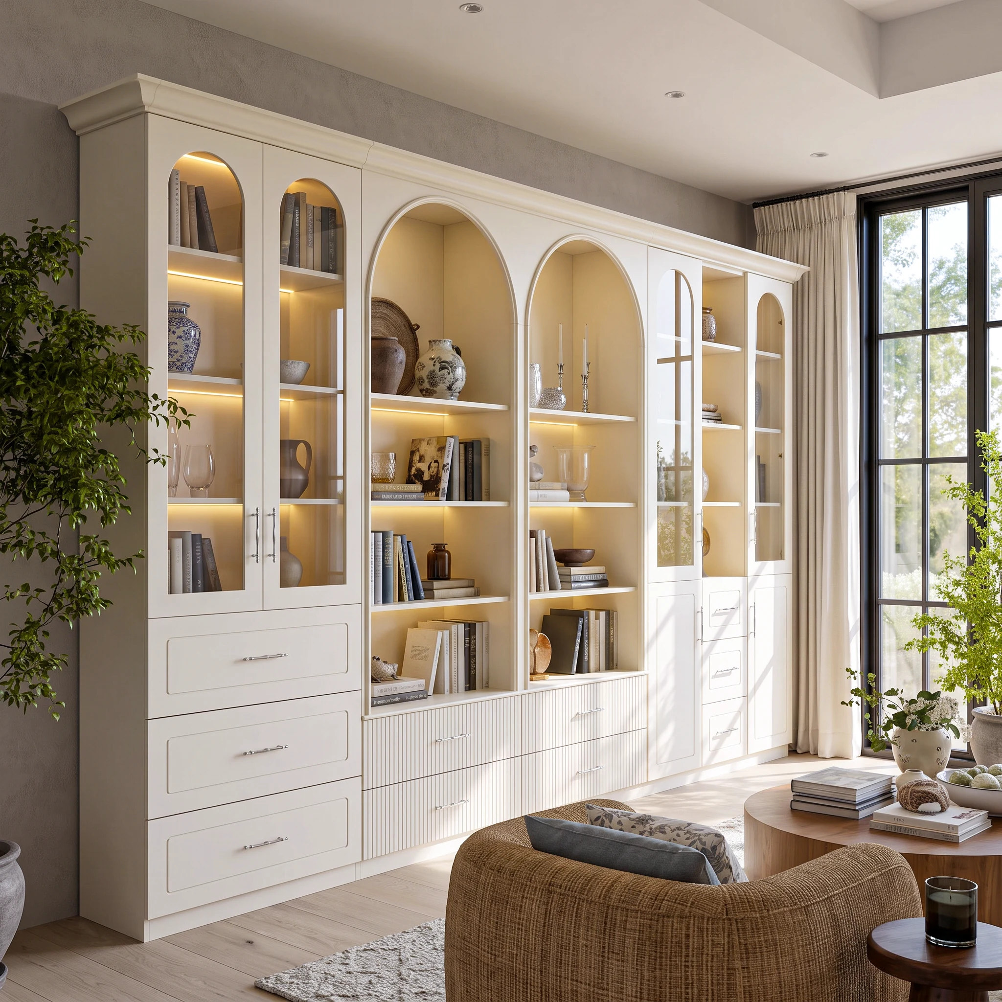 Grand Arched Modular Storage Display Wall Unit with Integrated Lighting