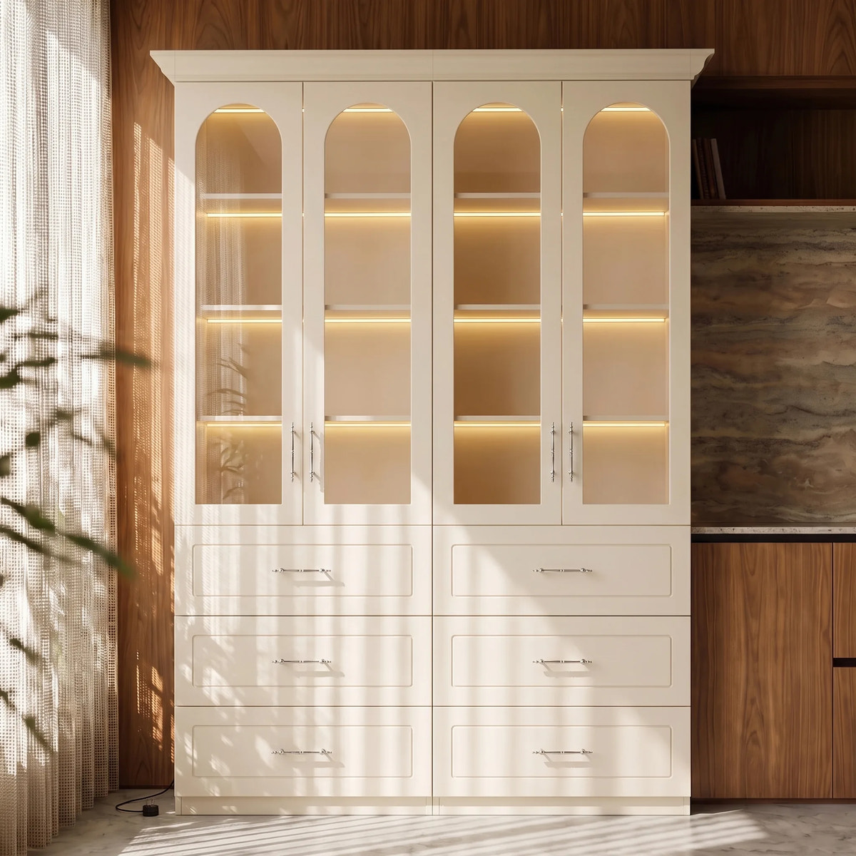 Arched Display Cabinet with Glass Doors and Integrated Lighting Set of 2
