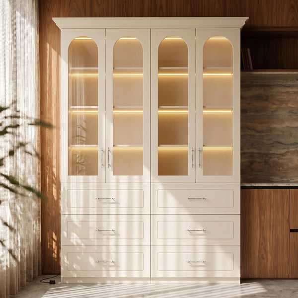 Arched Display Cabinet with Glass Doors and Integrated Lighting Set of 2
