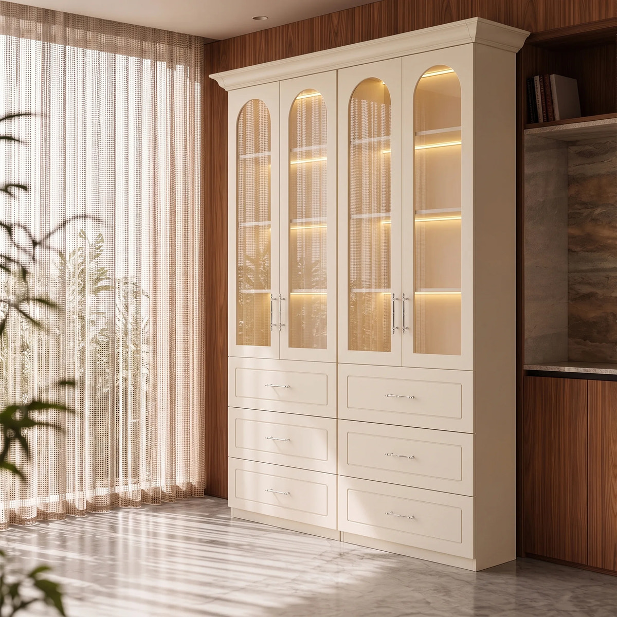 Arched Display Cabinet with Glass Doors and Integrated Lighting Set of 2