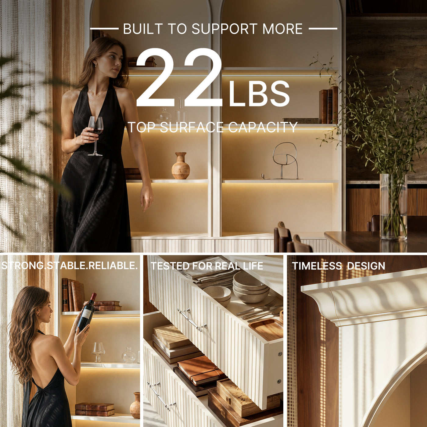 Arched Display Cabinet with Open Shelving, Drawers and Integrated Lighting