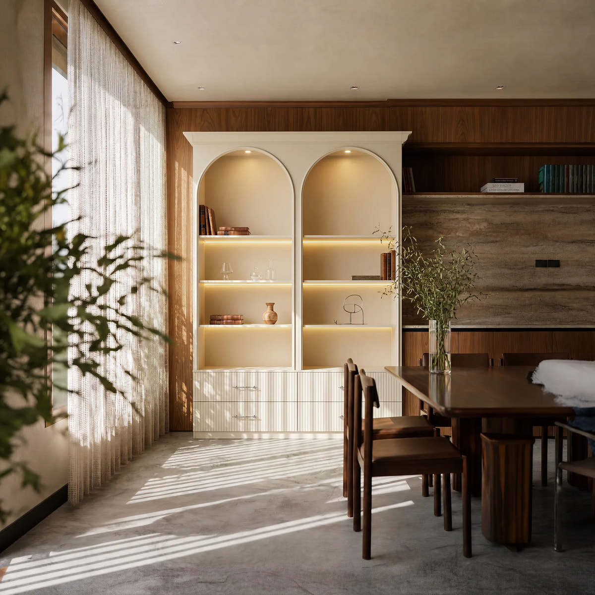 Arched Display Cabinet with Open Shelving, Drawers and Integrated Lighting