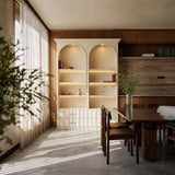 Arched Display Cabinet with Open Shelving, Drawers and Integrated Lighting