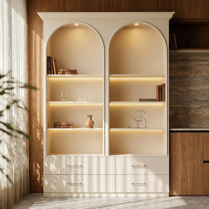 Arched Display Cabinet with Open Shelving, Drawers and Integrated Lighting
