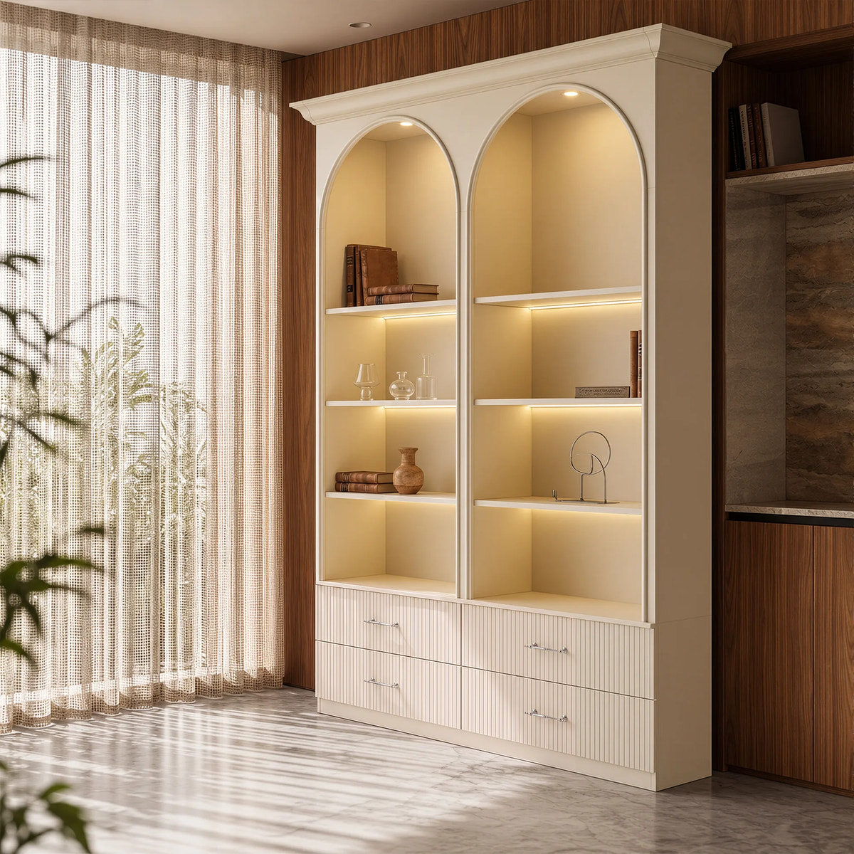 Arched Display Cabinet with Open Shelving, Drawers and Integrated Lighting