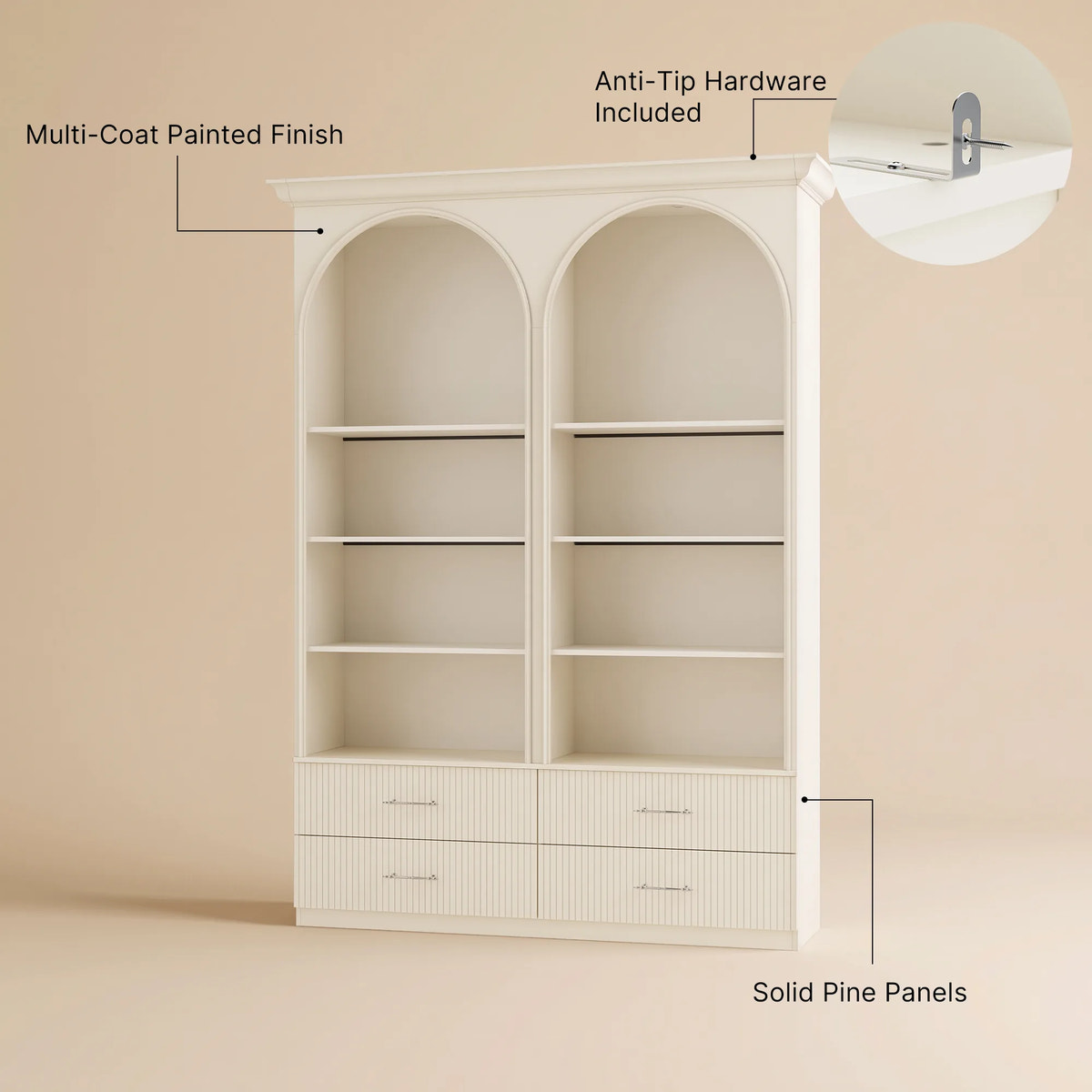 Arched Display Cabinet with Open Shelving, Drawers and Integrated Lighting