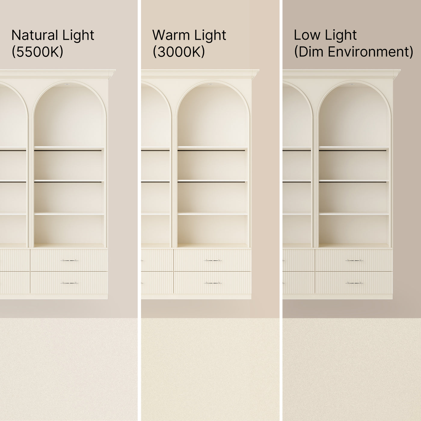 Arched Display Cabinet with Open Shelving, Drawers and Integrated Lighting
