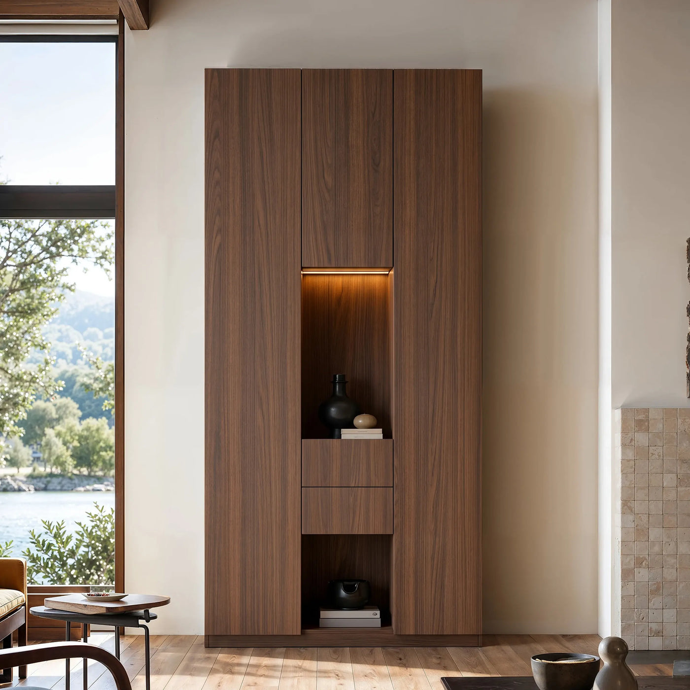3-Door Display Storage Cabinet with Drawers-Brown