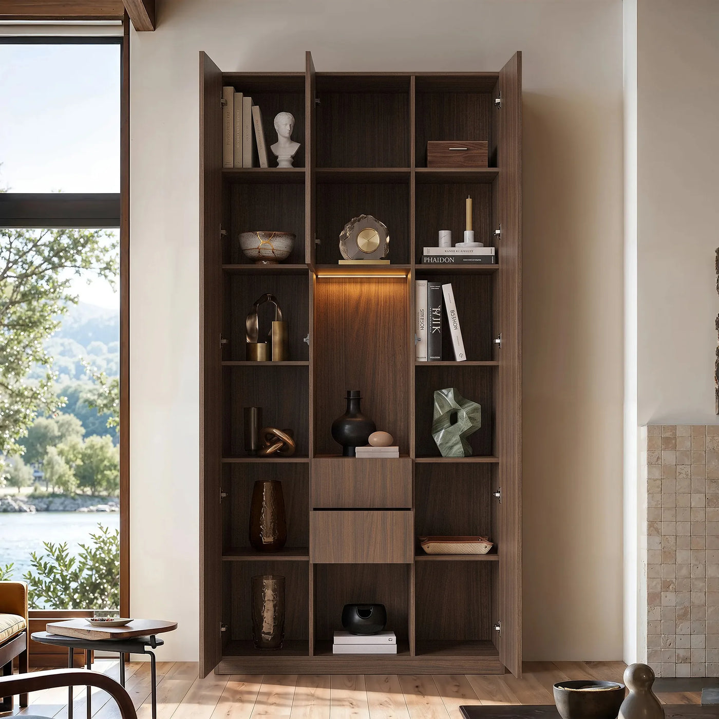 3-Door Display Storage Cabinet with Drawers-Brown