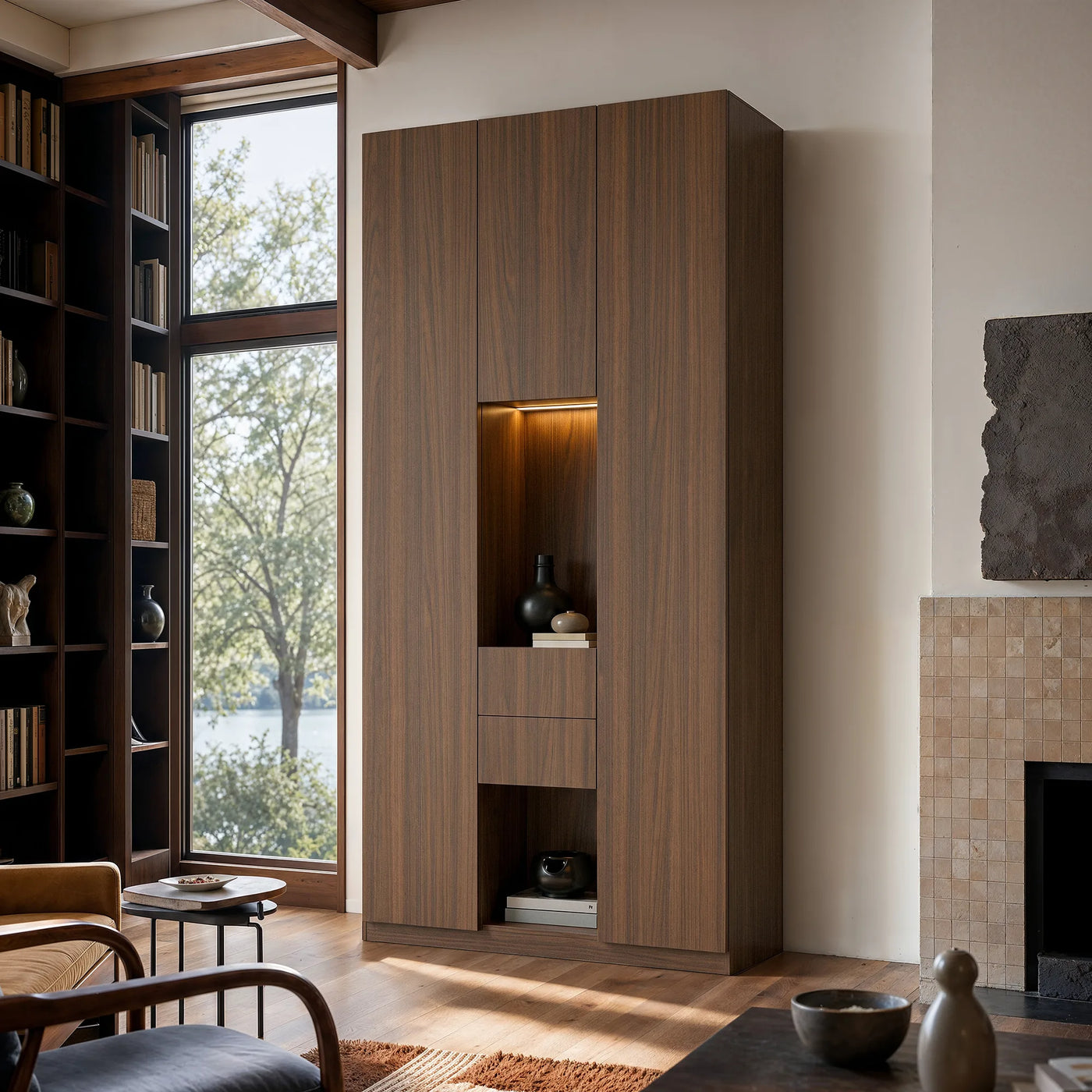 3-Door Display Storage Cabinet with Drawers-Brown