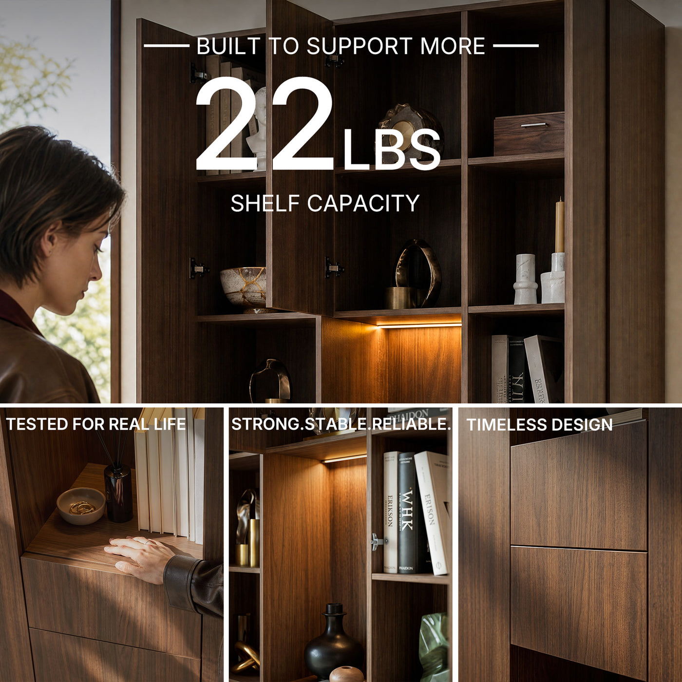 3-Door Display Storage Cabinet with Drawers-Brown