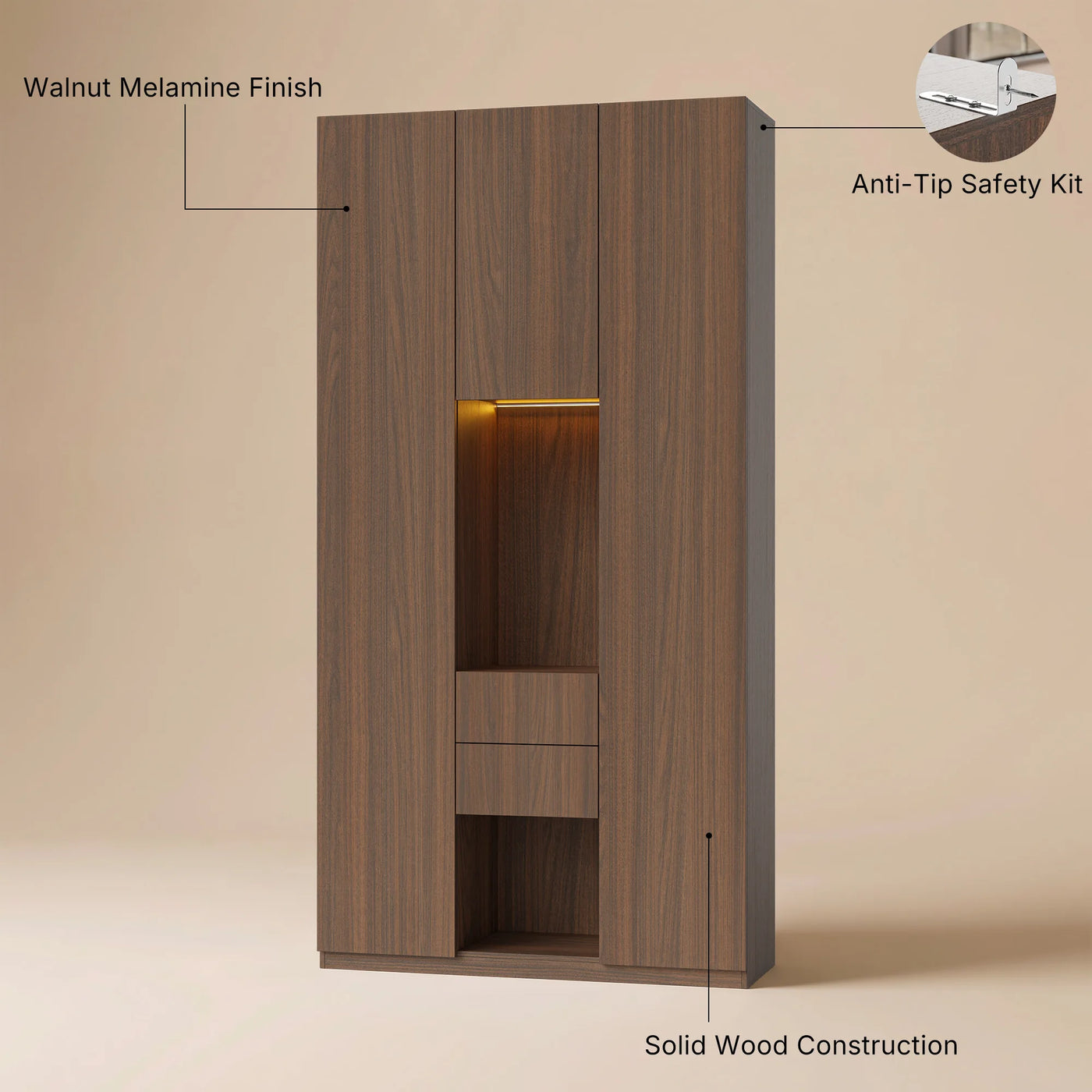 3-Door Display Storage Cabinet with Drawers-Brown