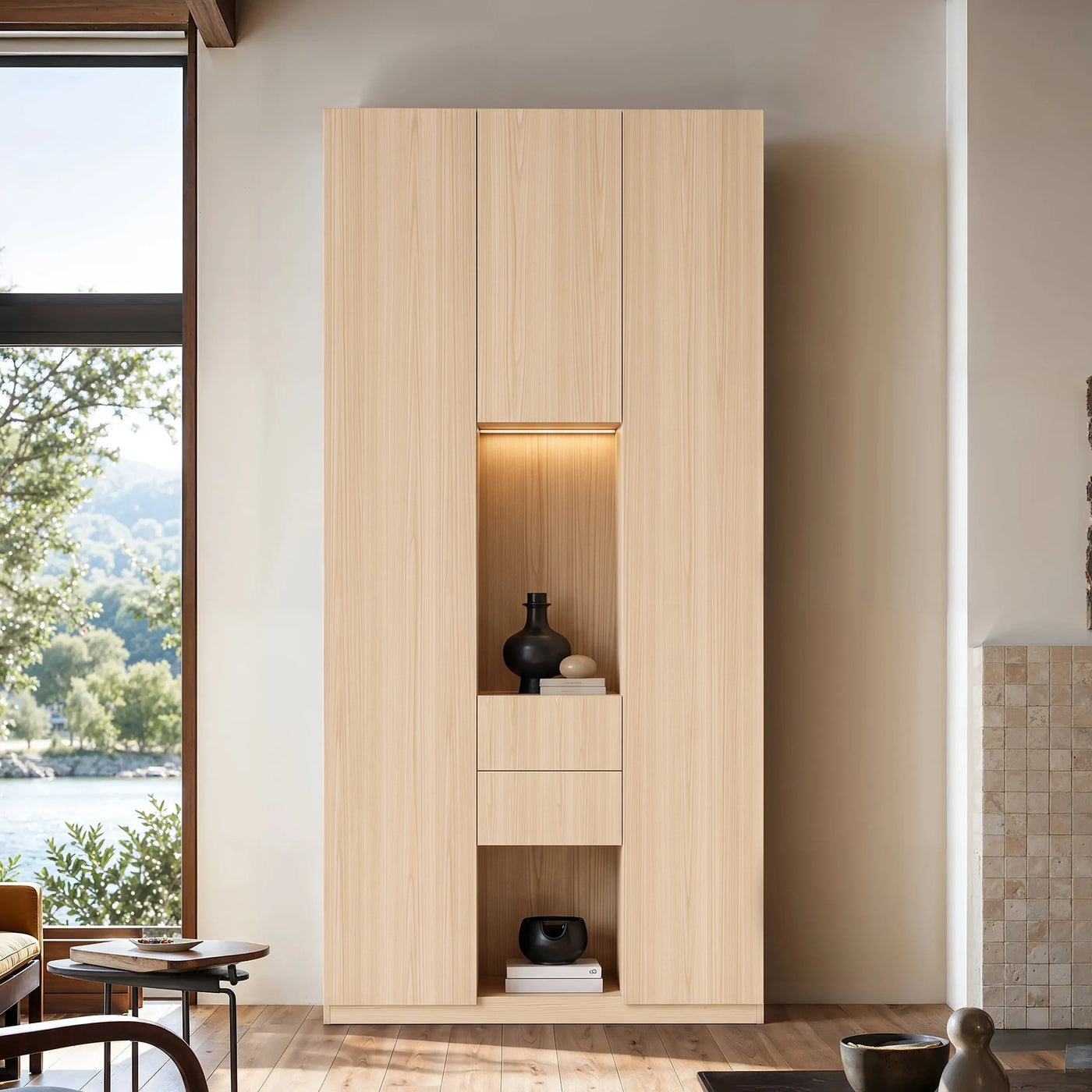 3-Door Display Storage Cabinet with Drawers-Natural
