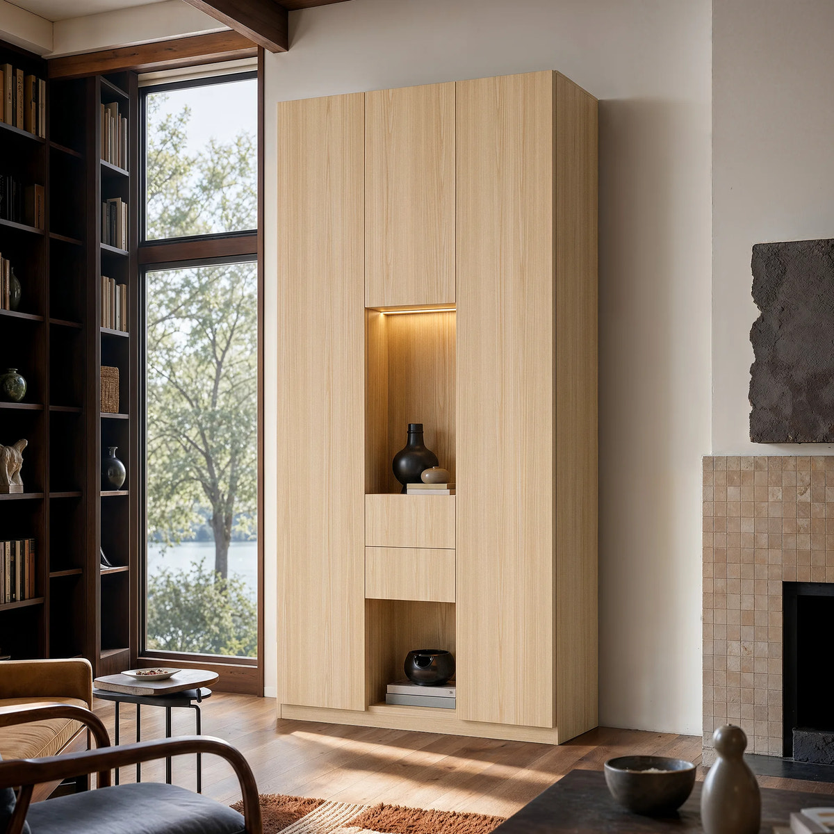 3-Door Display Storage Cabinet with Drawers-Natural
