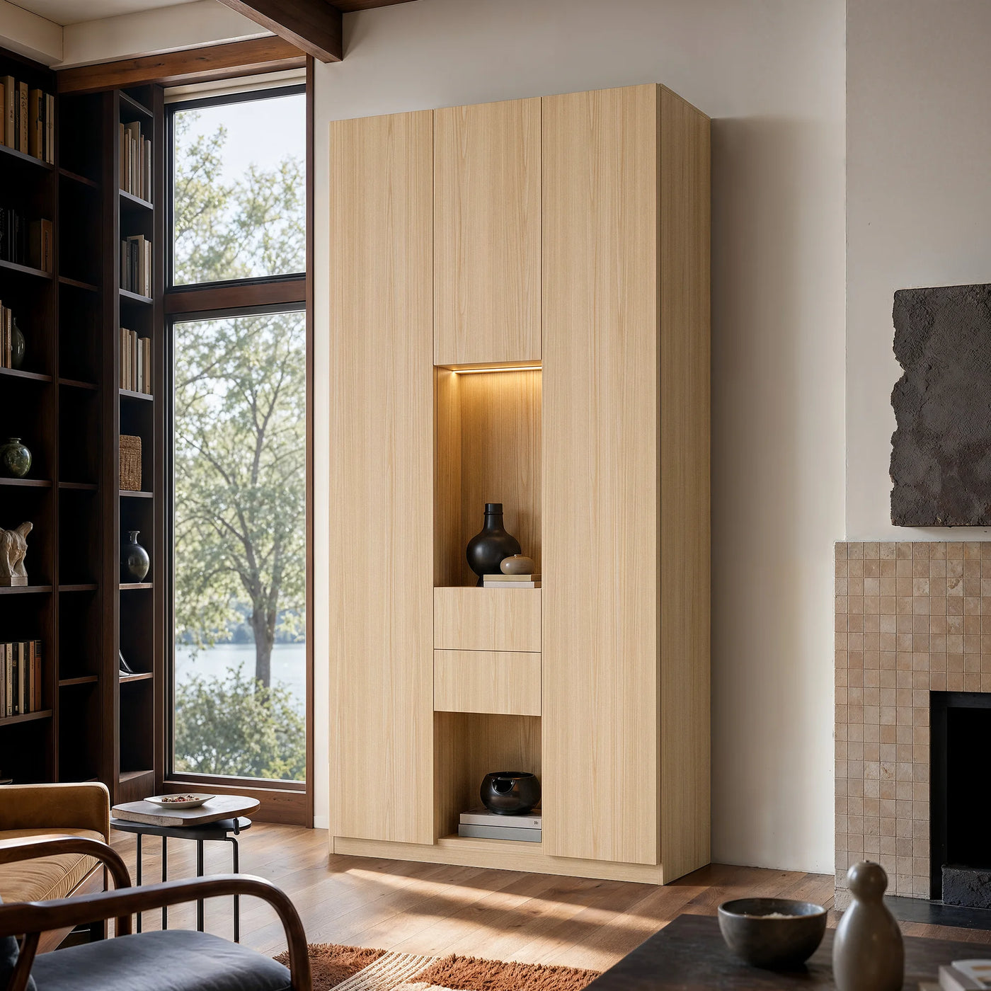 3-Door Display Storage Cabinet with Drawers-Natural