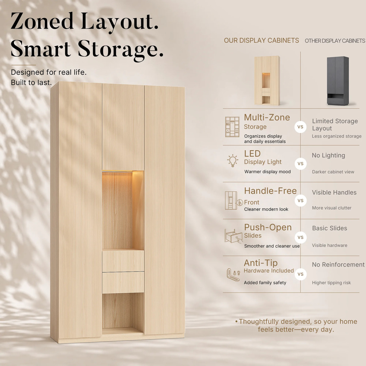 3-Door Display Storage Cabinet with Drawers-Natural