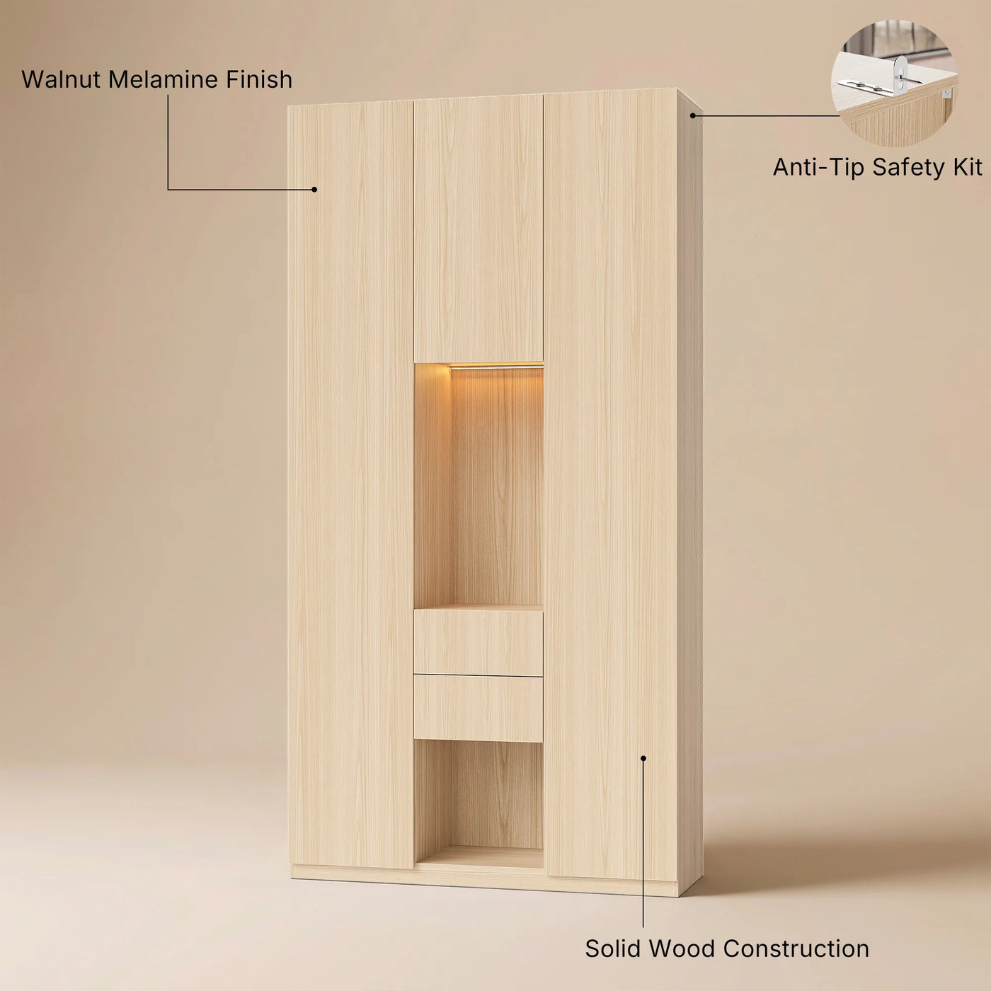 3-Door Display Storage Cabinet with Drawers-Natural