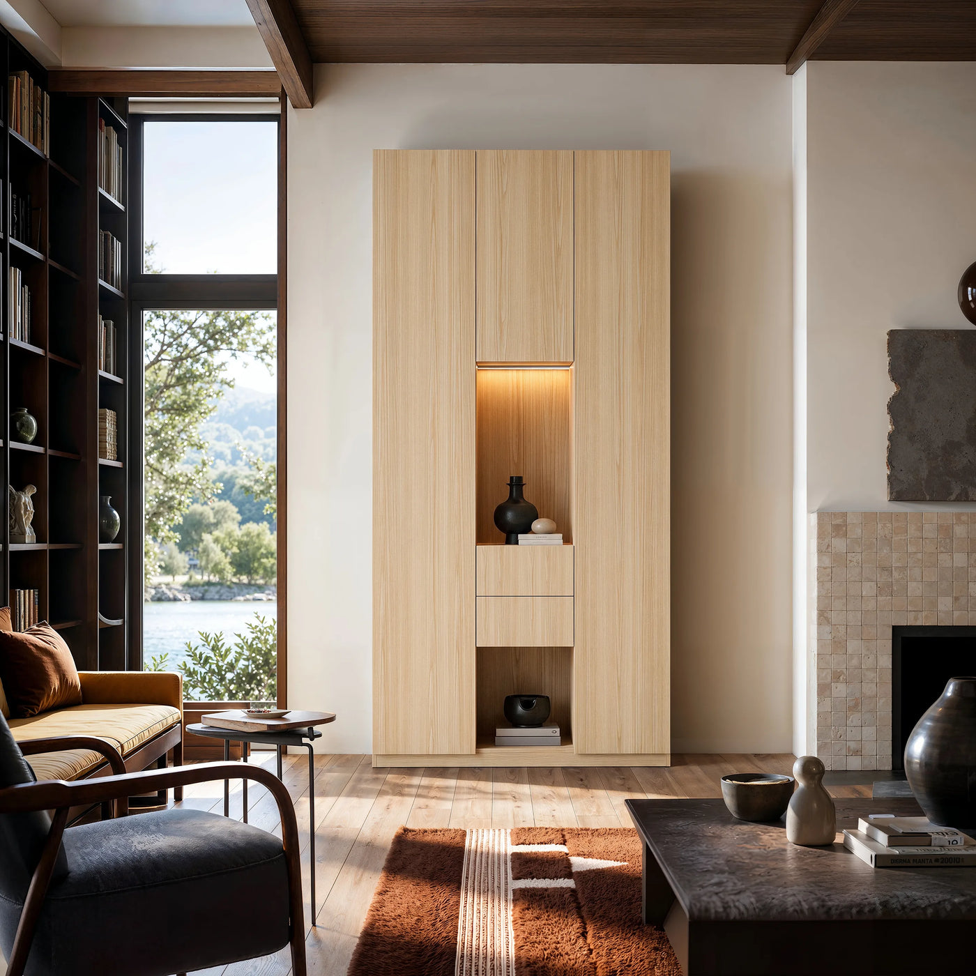 3-Door Display Storage Cabinet with Drawers-Natural