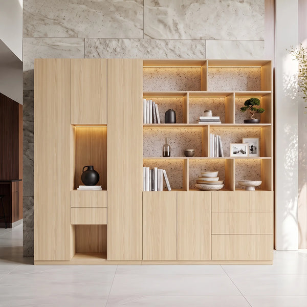 Modular Display Cabinet Set with Drawers-Natural