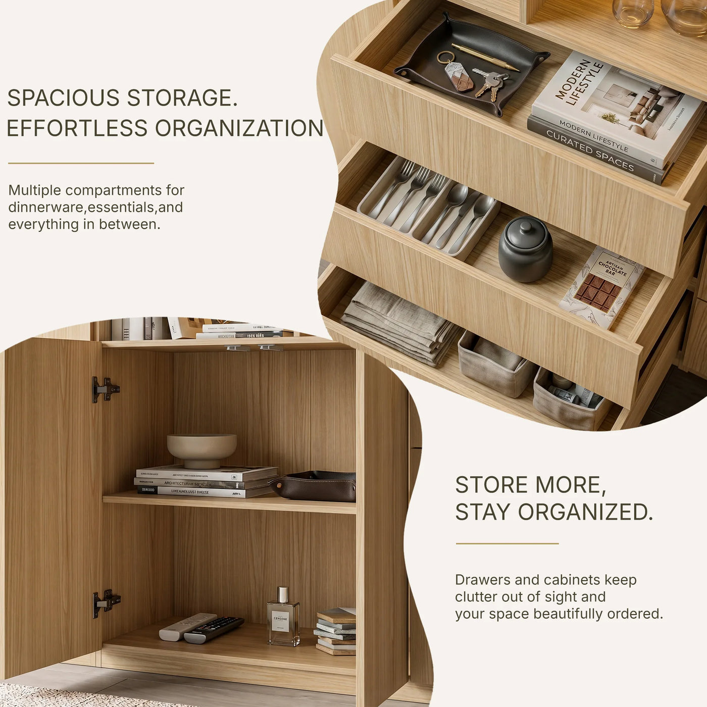 3-Piece Display Cabinet Storage Set-Natural