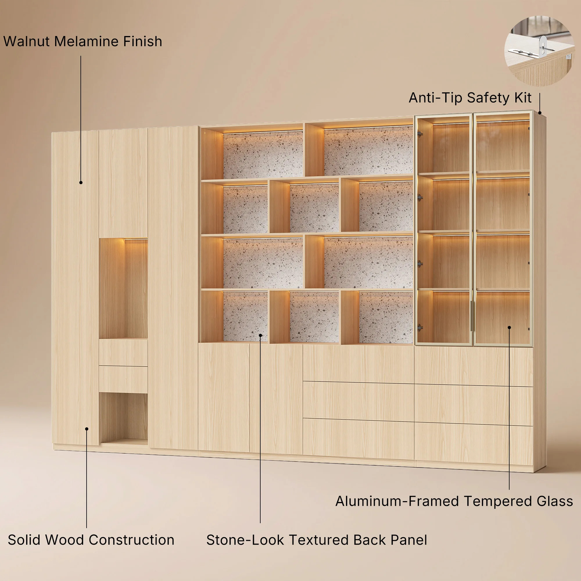 3-Piece Display Cabinet Storage Set-Natural