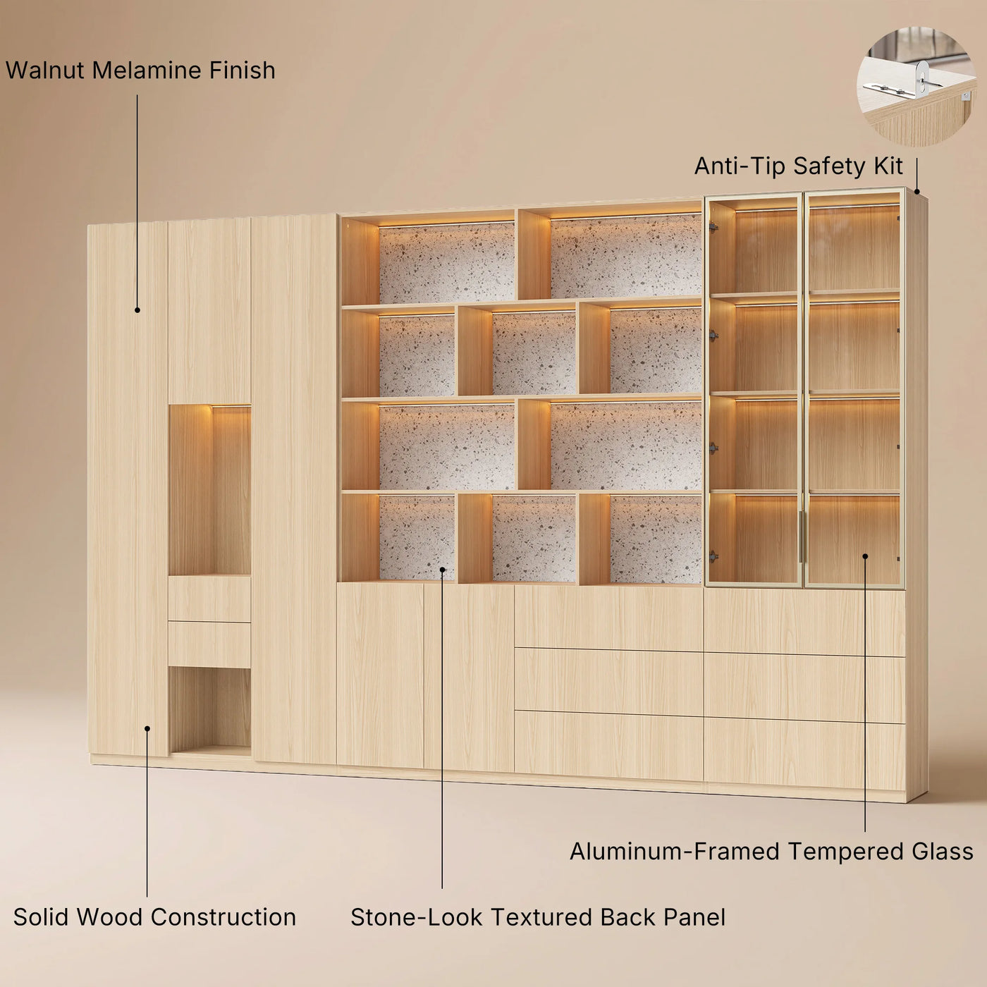 3-Piece Display Cabinet Storage Set-Natural