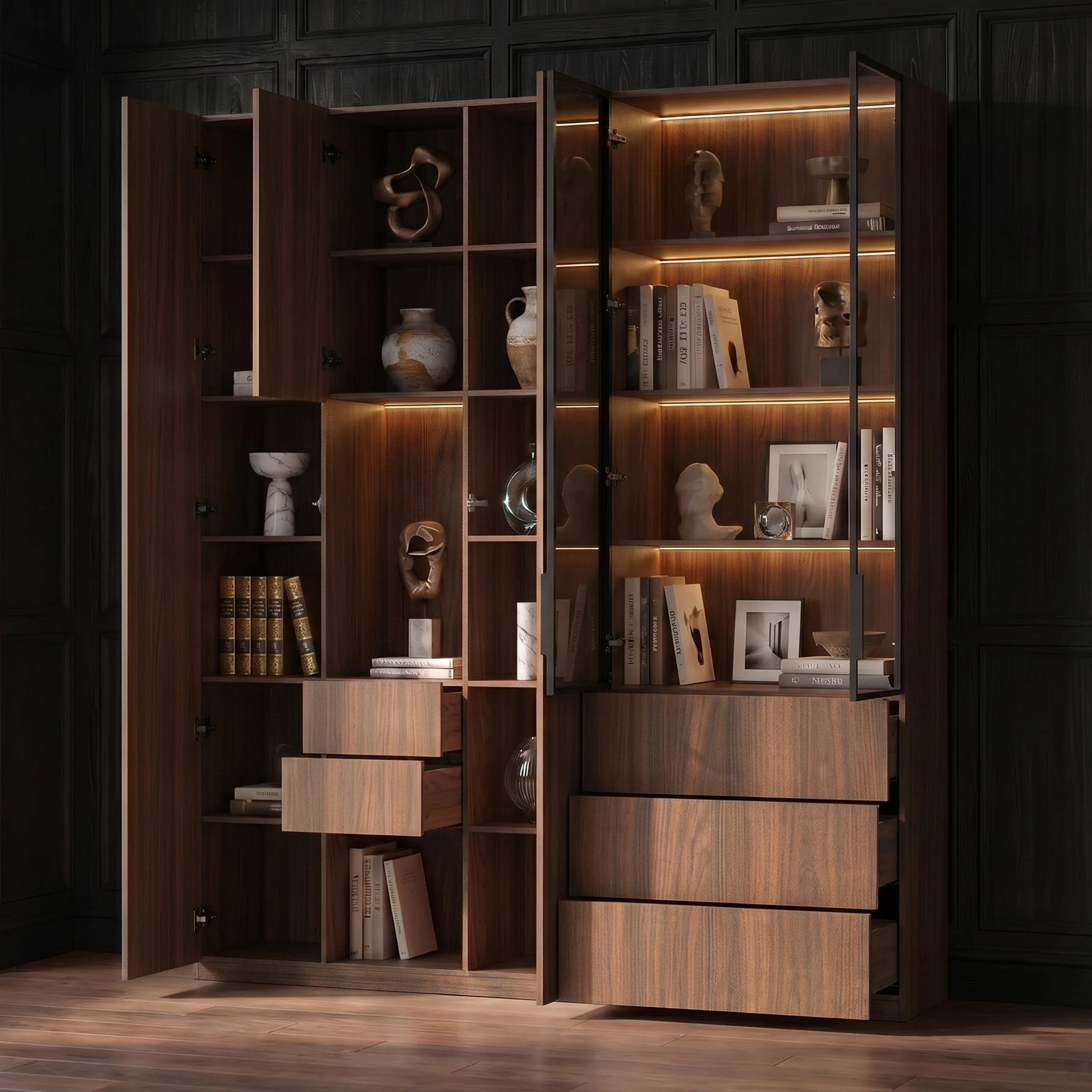 Modular Glass Display Cabinet Set-Brown