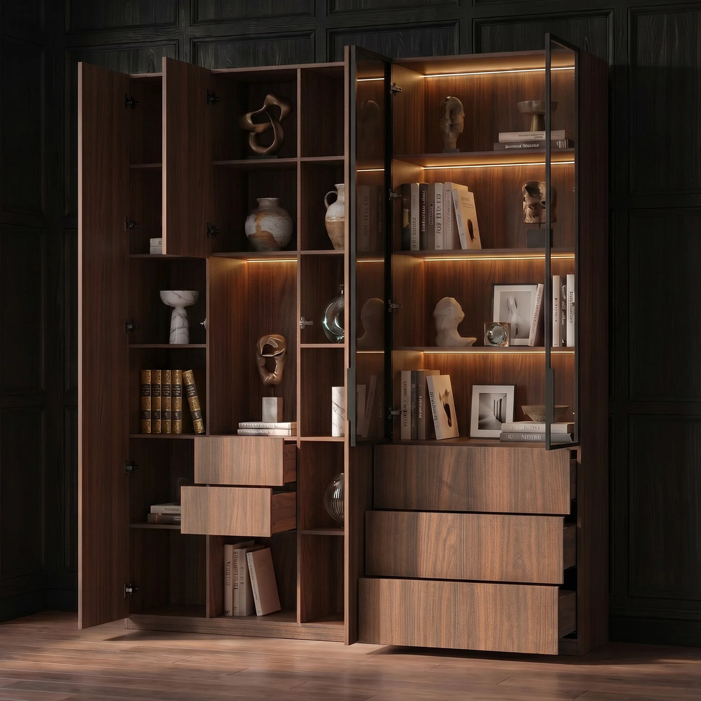 Modular Glass Display Cabinet Set-Brown