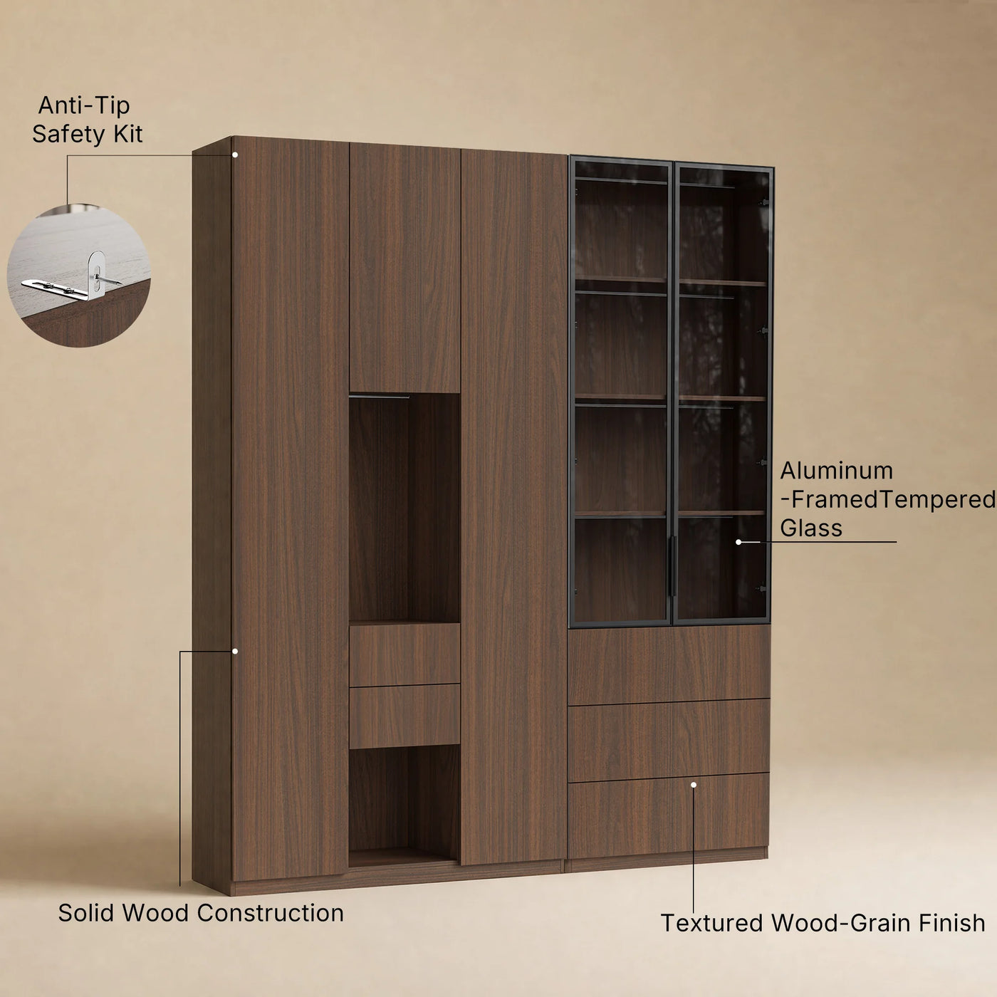 Modular Glass Display Cabinet Set-Brown