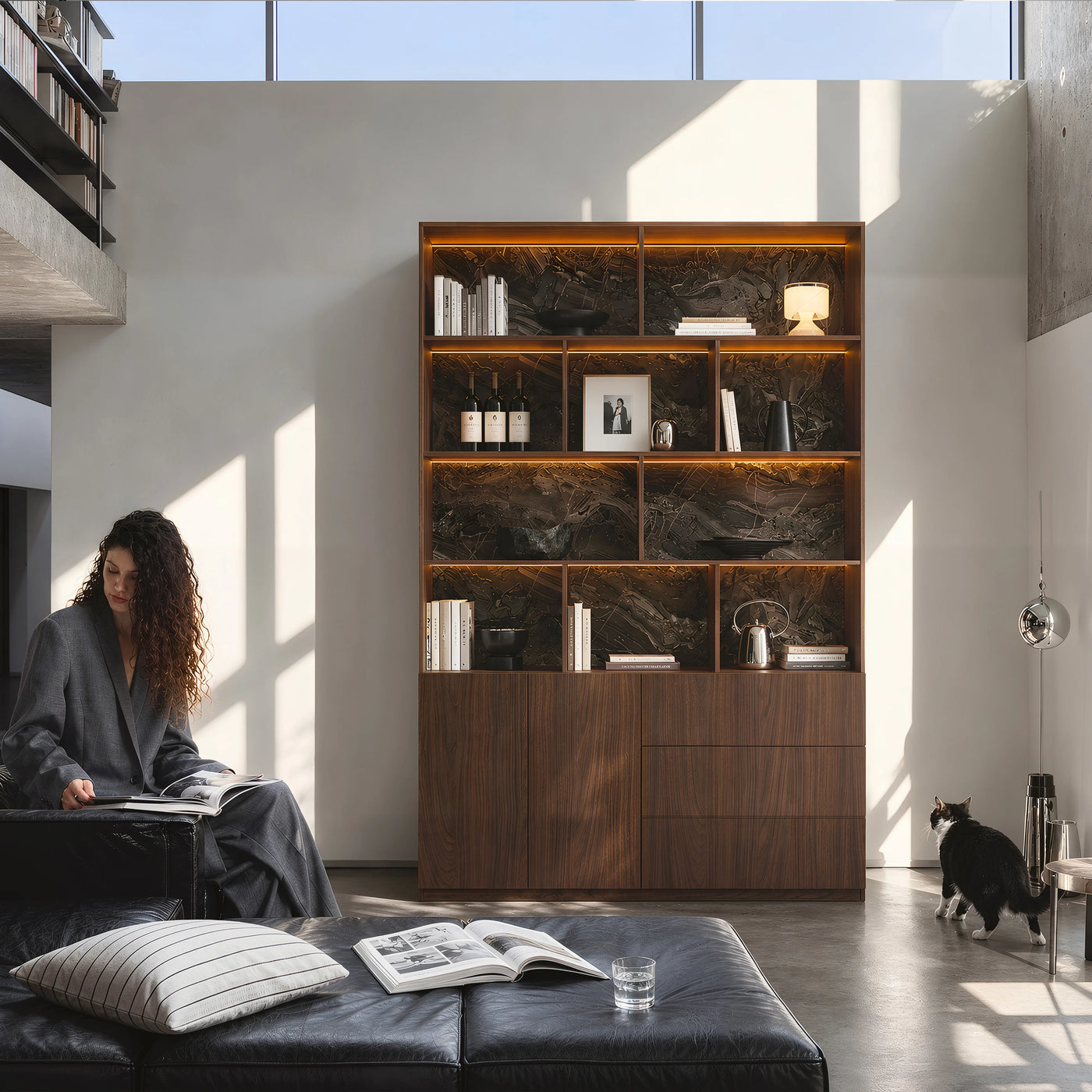 Storage Cabinet with Open Shelves and Drawers-Brown