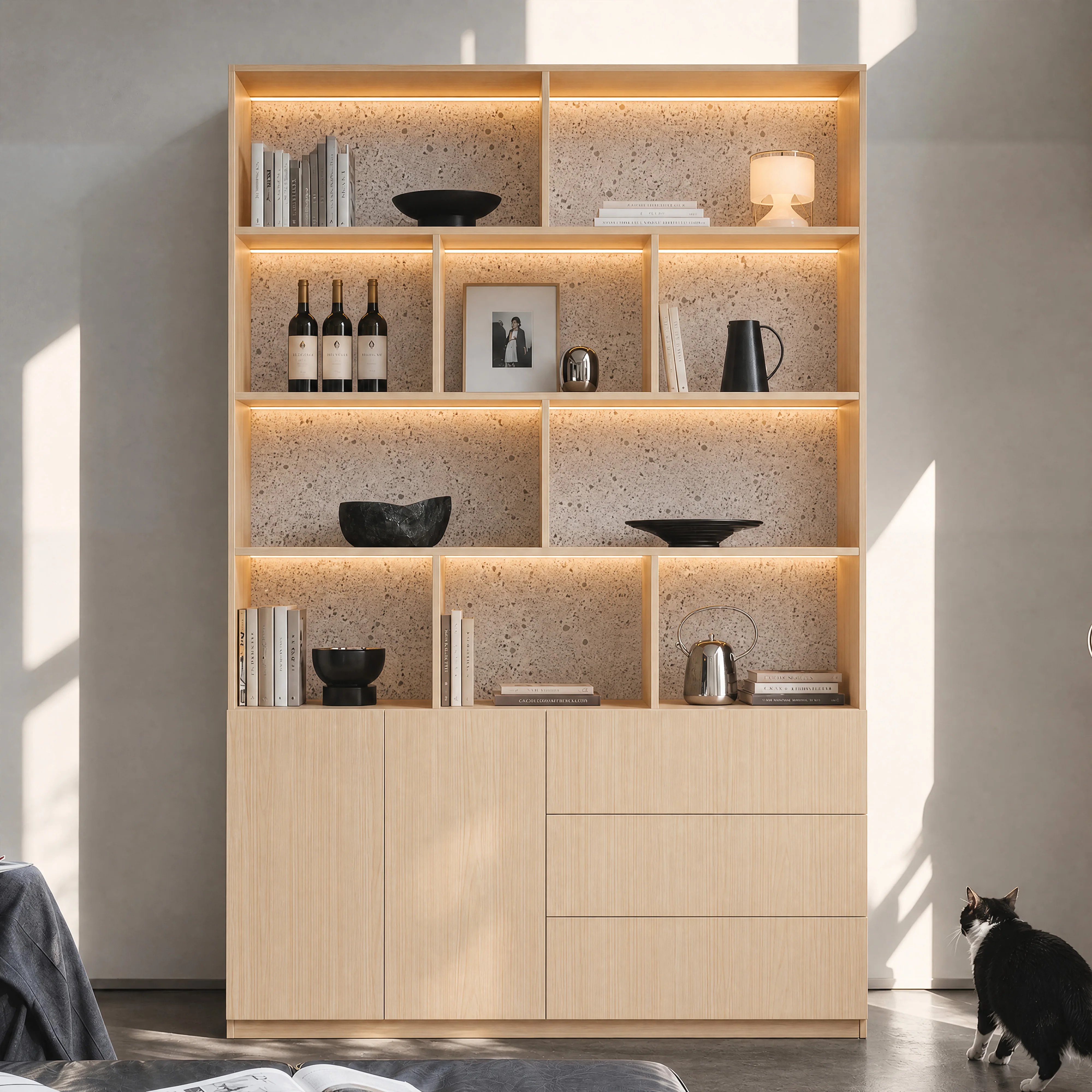 Storage Cabinet with Open Shelves and Drawers-Natural