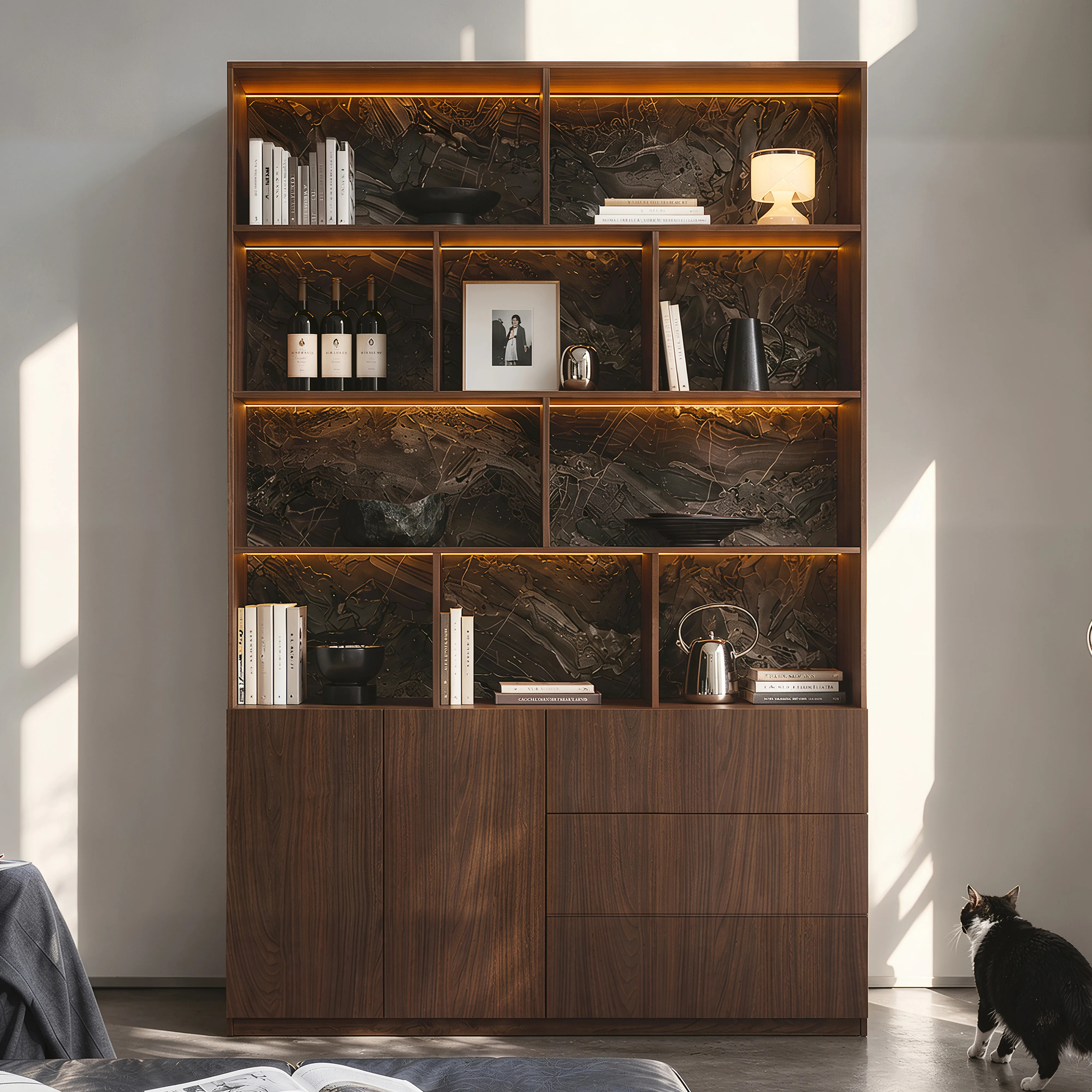 Storage Cabinet with Open Shelves and Drawers-Brown