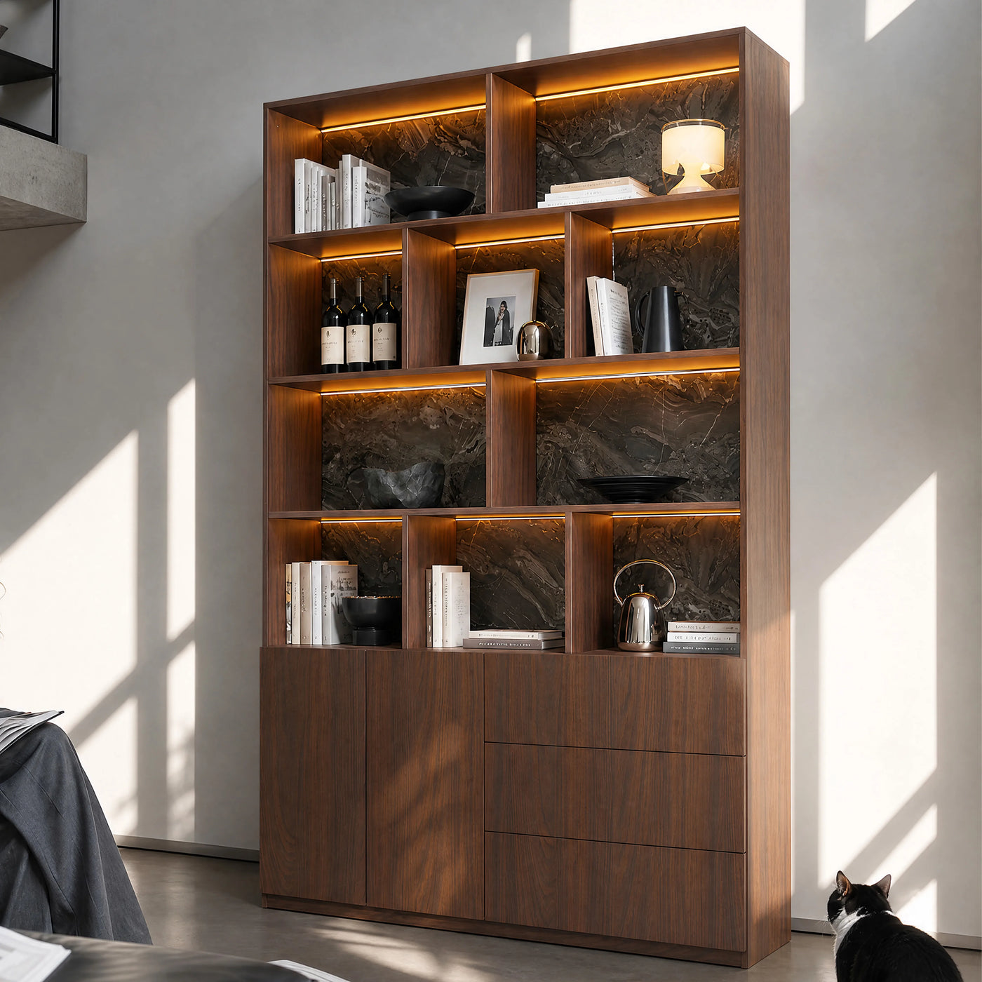 Storage Cabinet with Open Shelves and Drawers-Brown