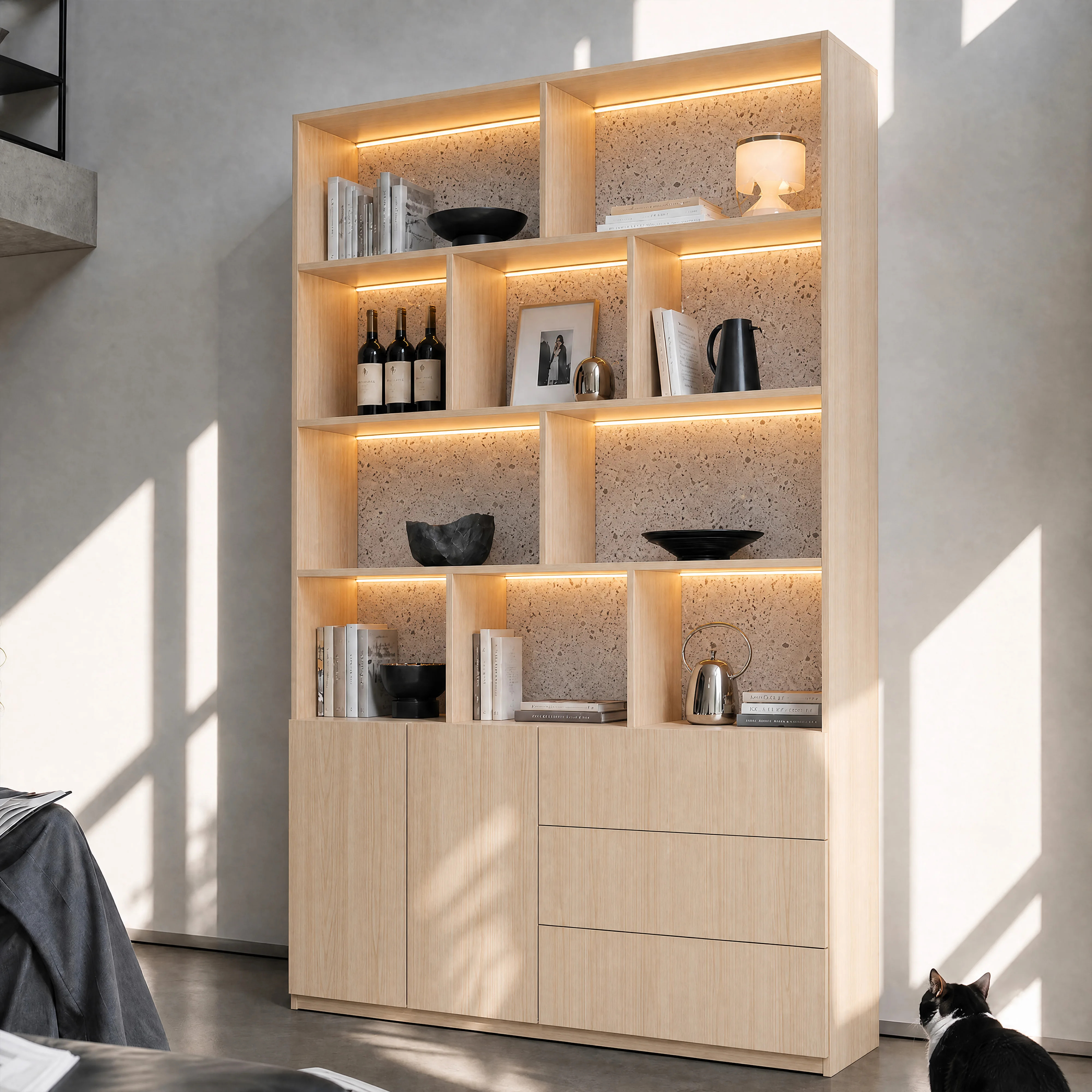 Storage Cabinet with Open Shelves and Drawers-Natural