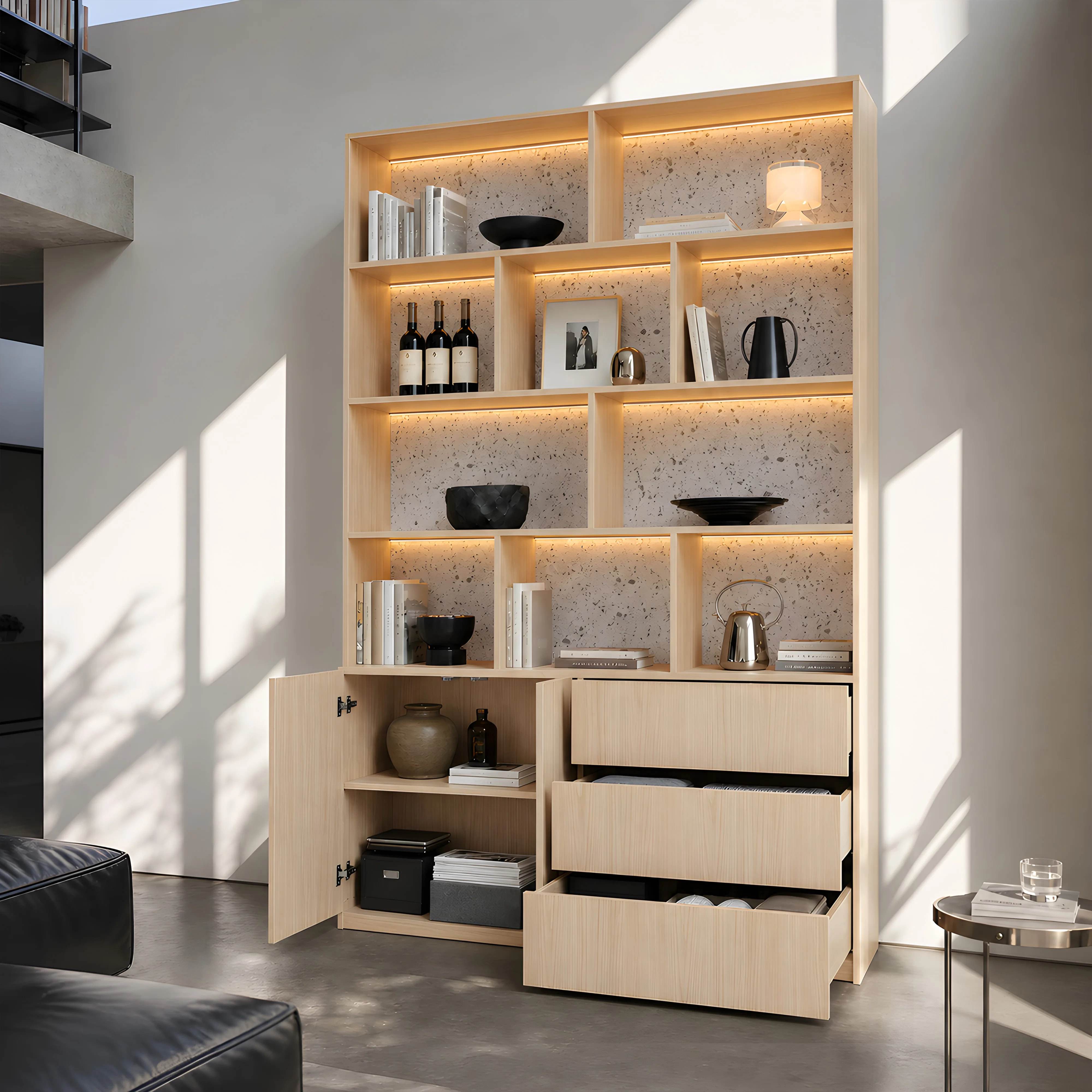 Storage Cabinet with Open Shelves and Drawers-Natural